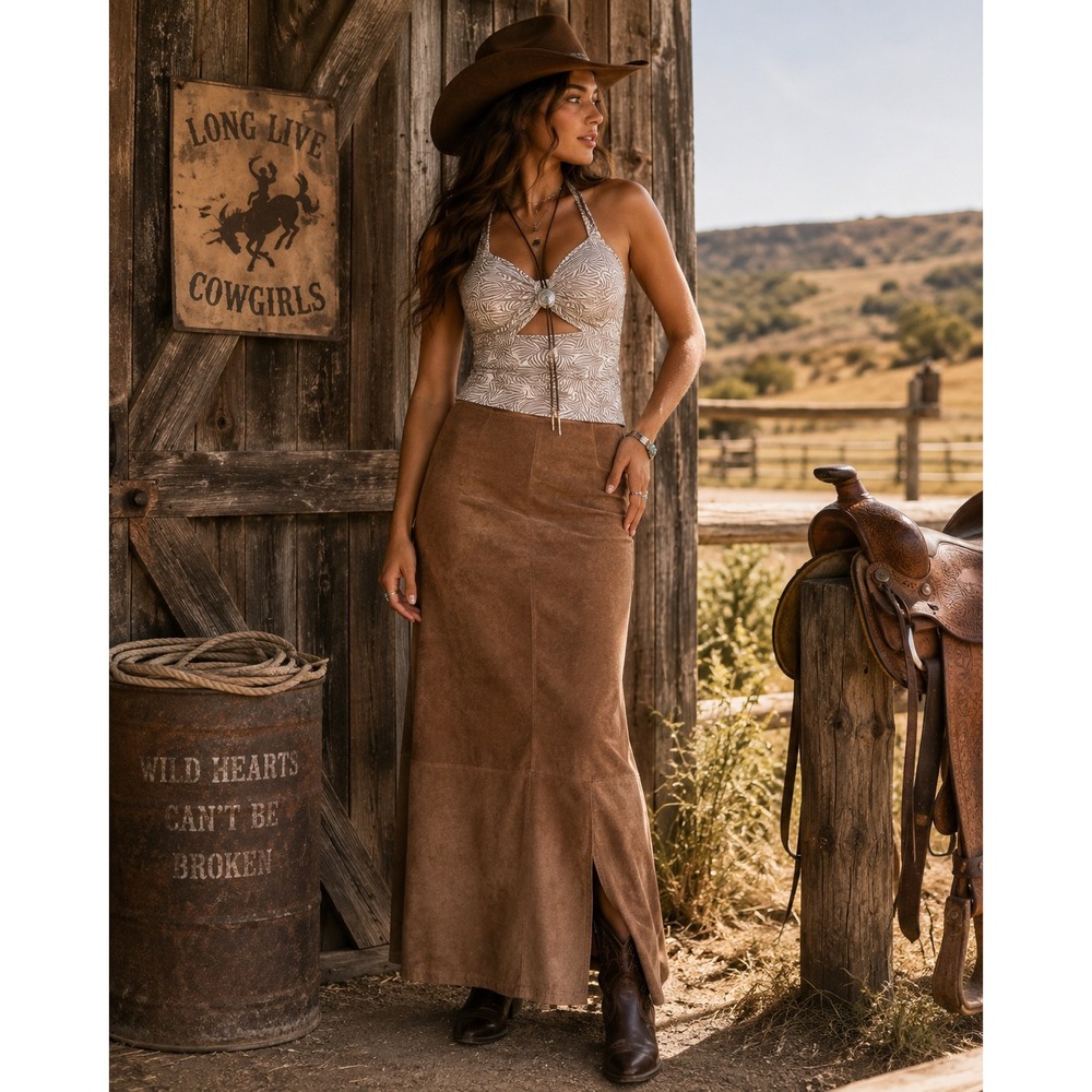 AMI Vintage 100% Leather Maxi Skirt Brown Suede Y2K Western Size 10